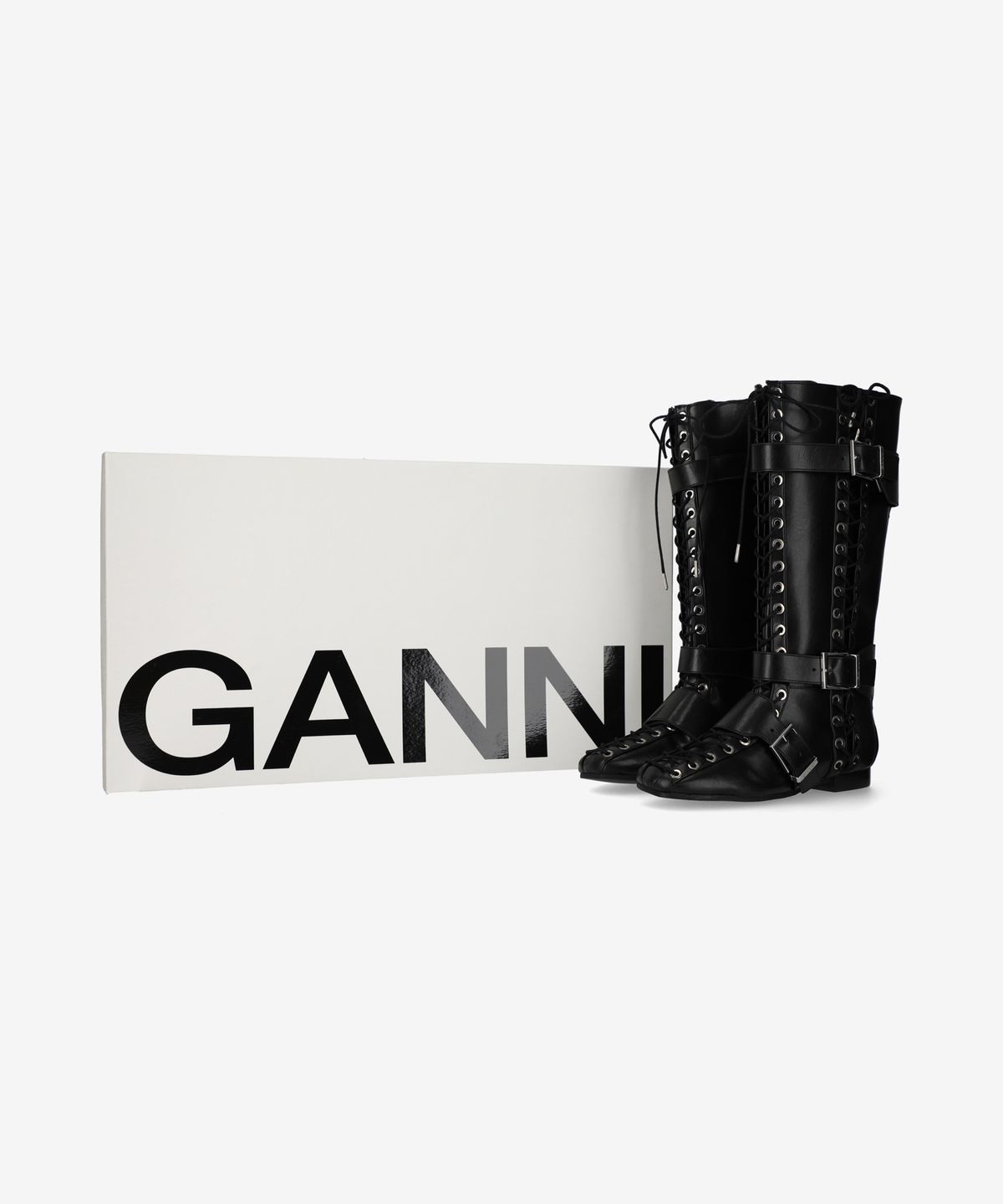 가니(GANNI) 아일렛 레이스업 크링클 하이 부츠 - 블랙 / S2968099