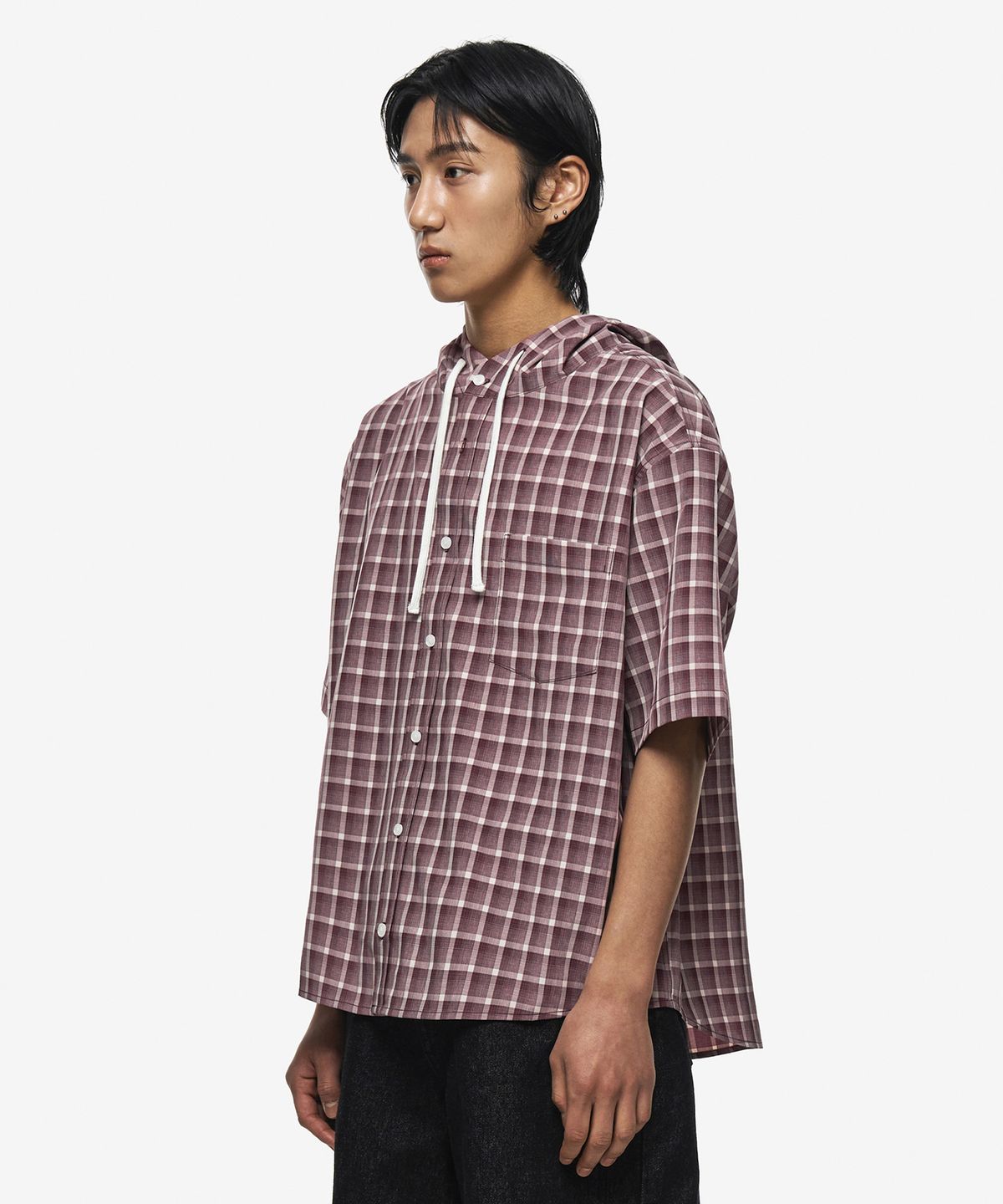 세컨모놀로그(SECONDMONO) 후드 체크 하프 셔츠 [BURGUNDY]_SESH999BURGUNDY