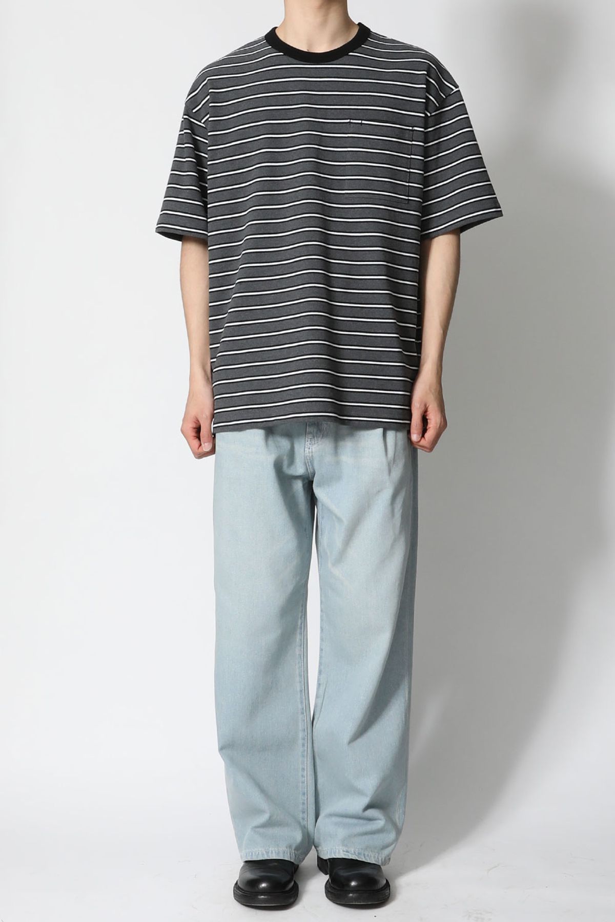 홀리선(HORLISUN) Powell Short Pique Stripe T-shirt Melange Charcoal