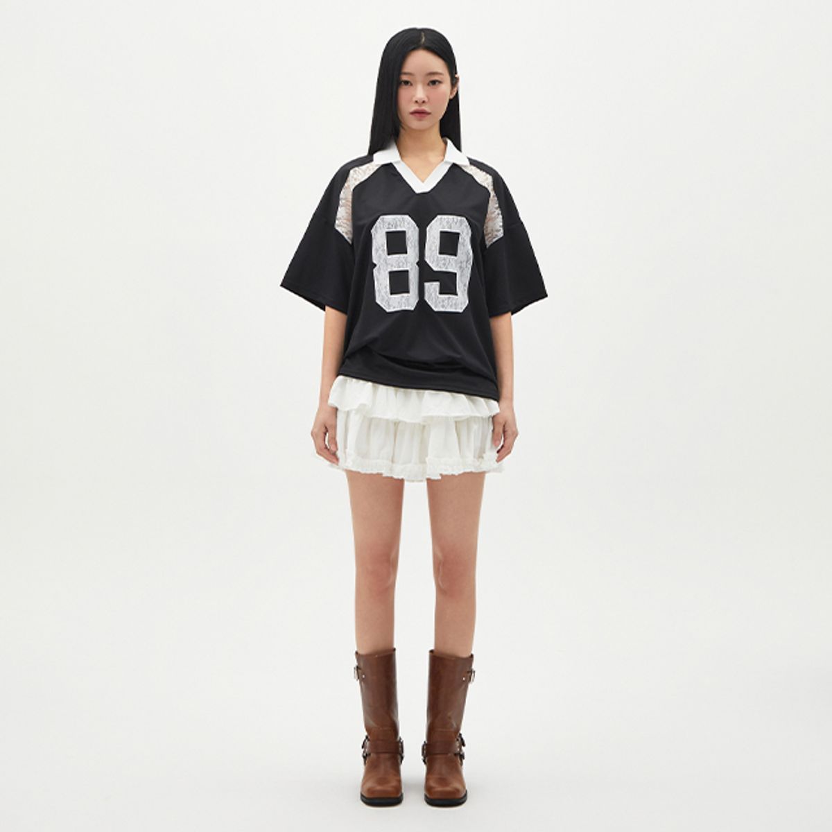 랩(LAP) 89레이스 배색 박시티셔츠 AR1CT360
