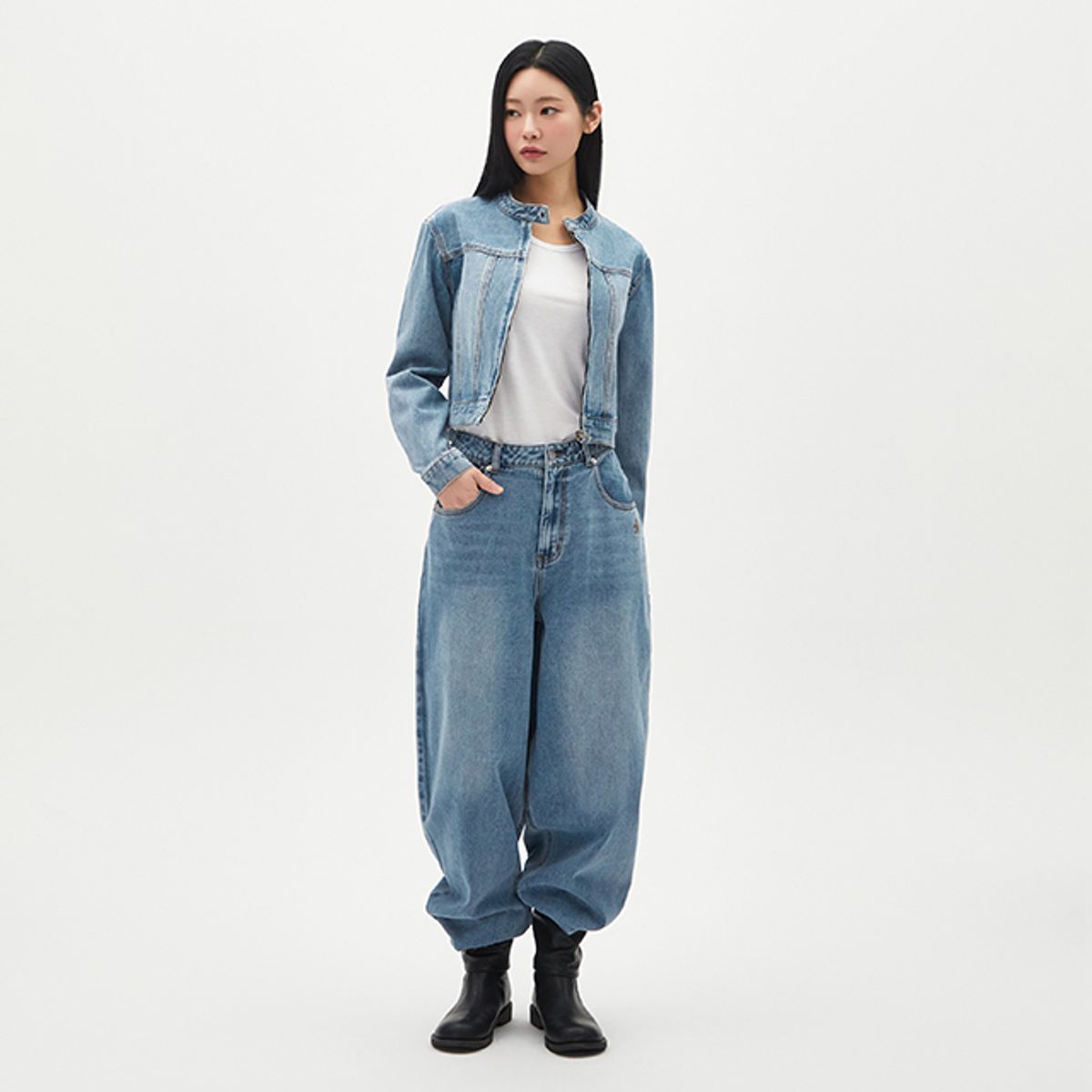 랩(LAP) 워싱 자수 와이드 커브드팬츠 AR1DP271