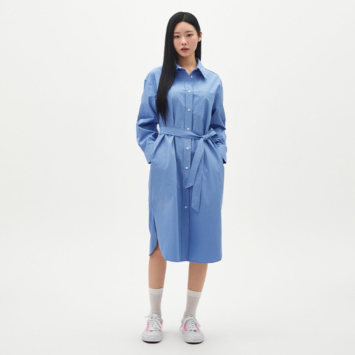 랩(LAP) 끈벨트 트임 롱 셔츠원피스 AR1WO262