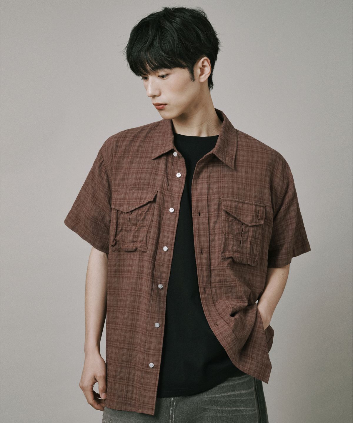 버던트(VERDNT) 볼륨 카고 체크 셔츠 [브라운]