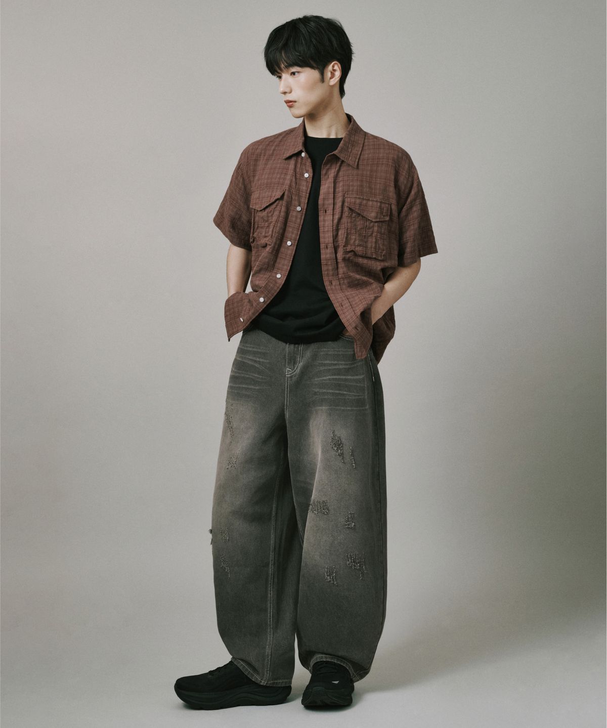 버던트(VERDNT) 볼륨 카고 체크 셔츠 [브라운]