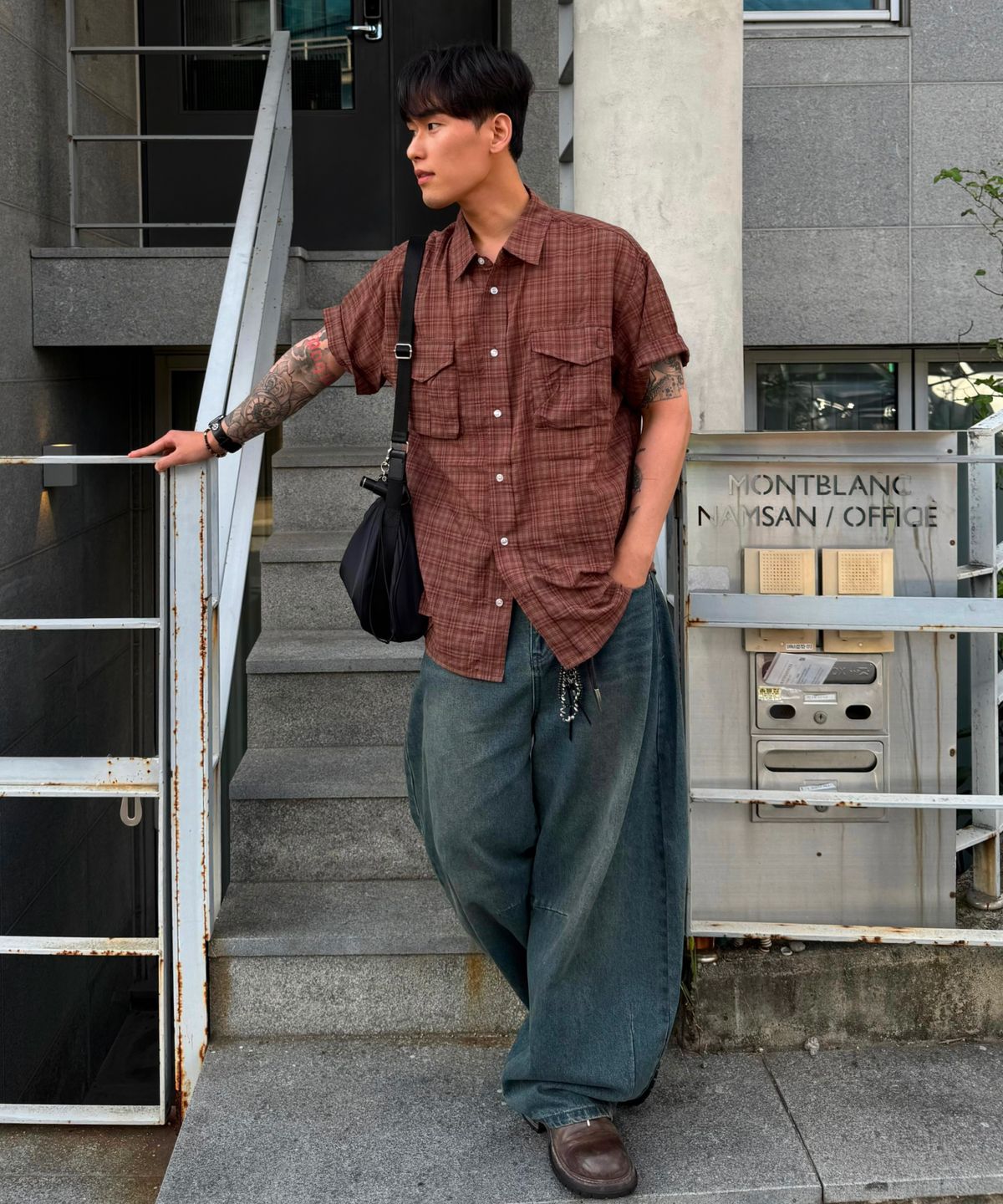 버던트(VERDNT) 볼륨 카고 체크 셔츠 [브라운]