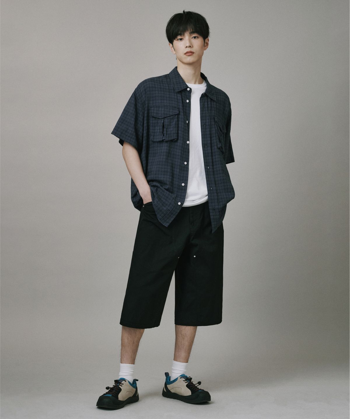 버던트(VERDNT) 볼륨 카고 체크 셔츠 [네이비]