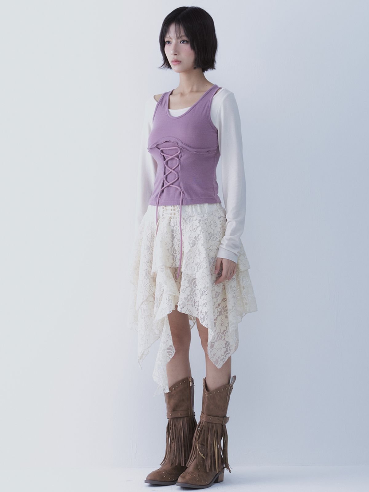 쎄쎄쎄(SETSETSET) LACE UP LACE SKIRT IVORY