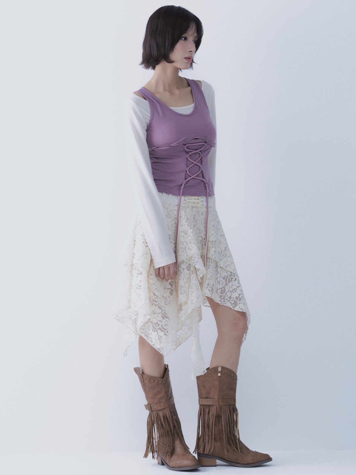 쎄쎄쎄(SETSETSET) LACE UP LACE SKIRT IVORY