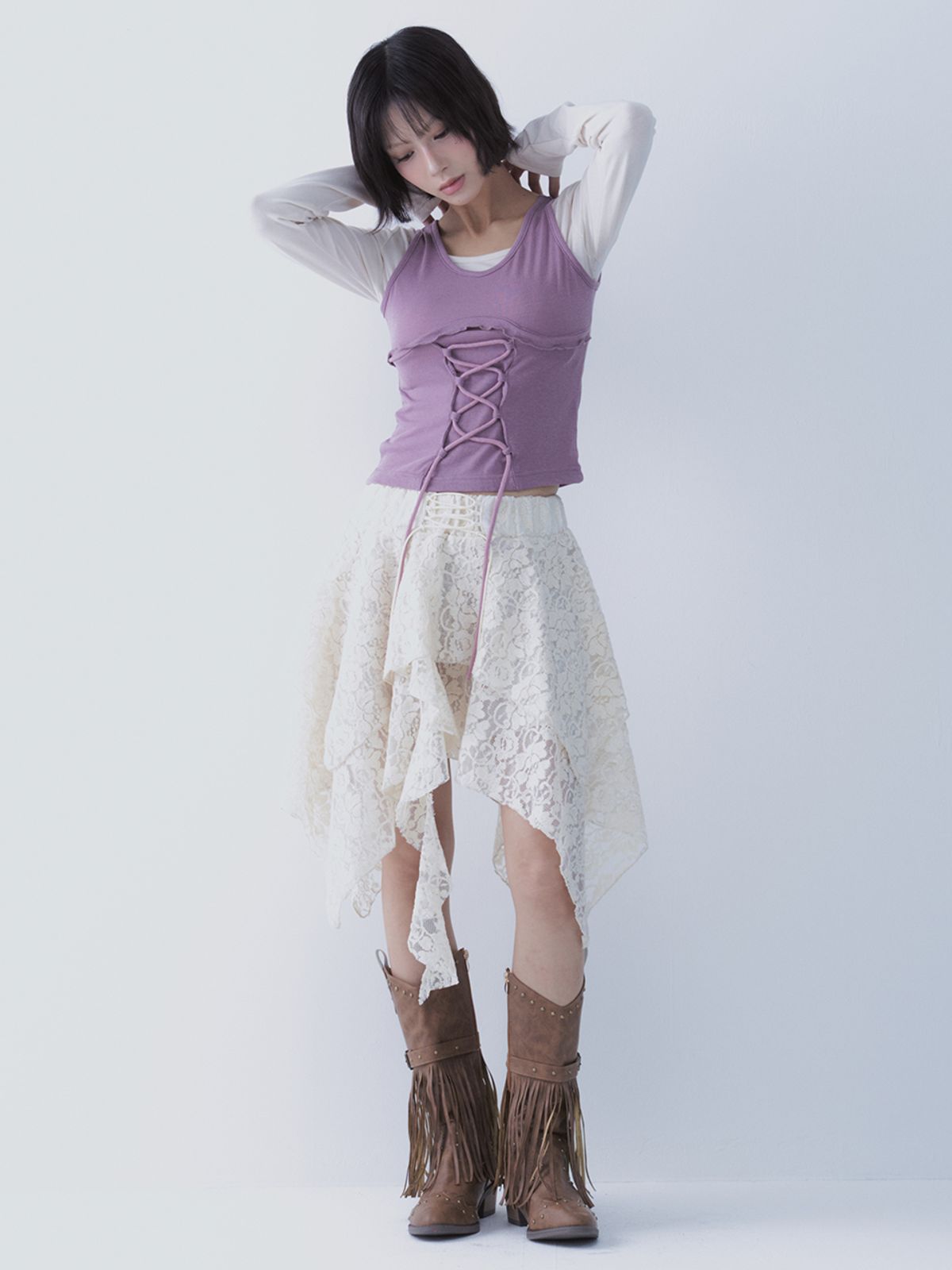 쎄쎄쎄(SETSETSET) LACE UP LACE SKIRT IVORY