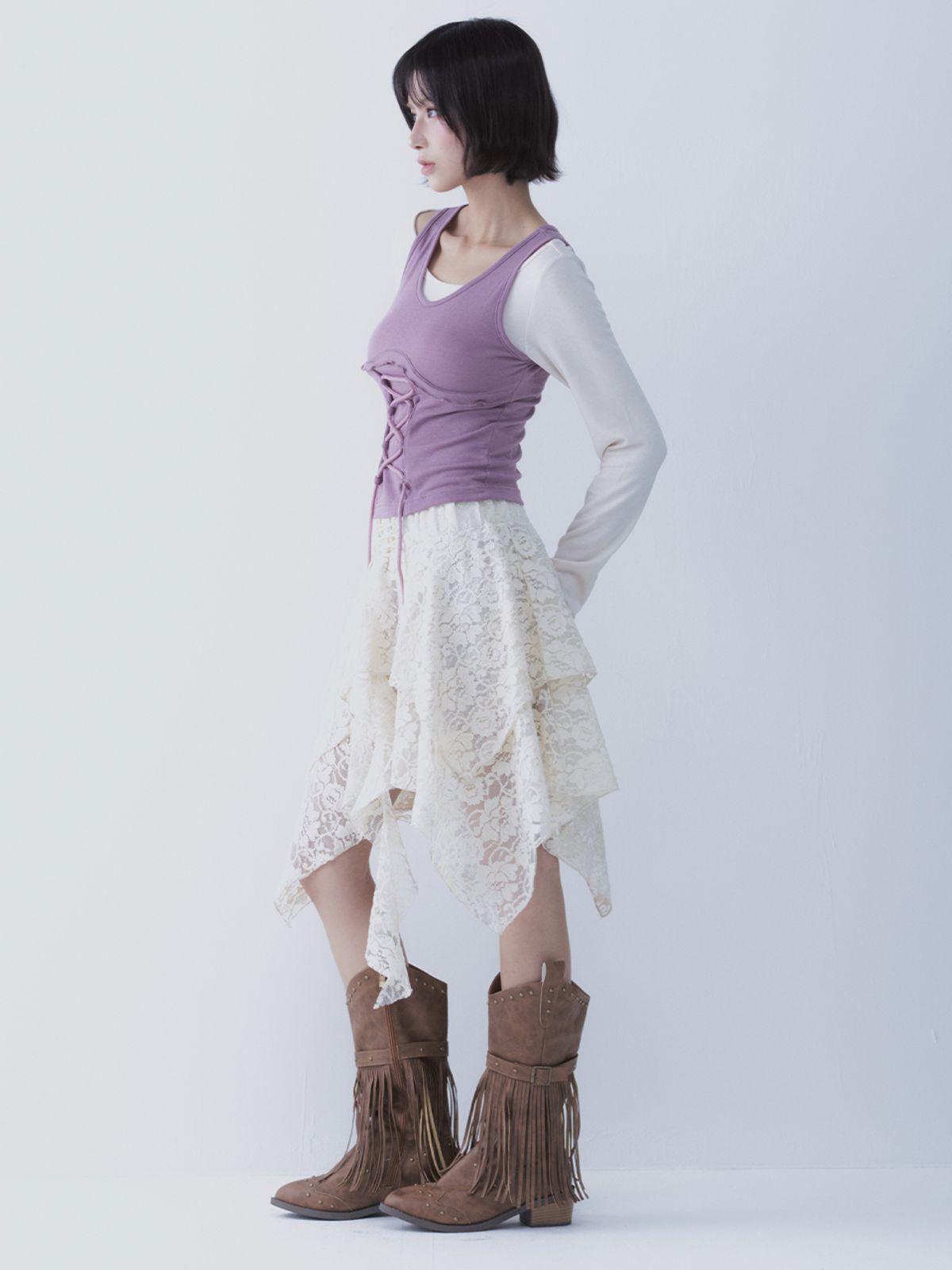 쎄쎄쎄(SETSETSET) LACE UP LACE SKIRT IVORY