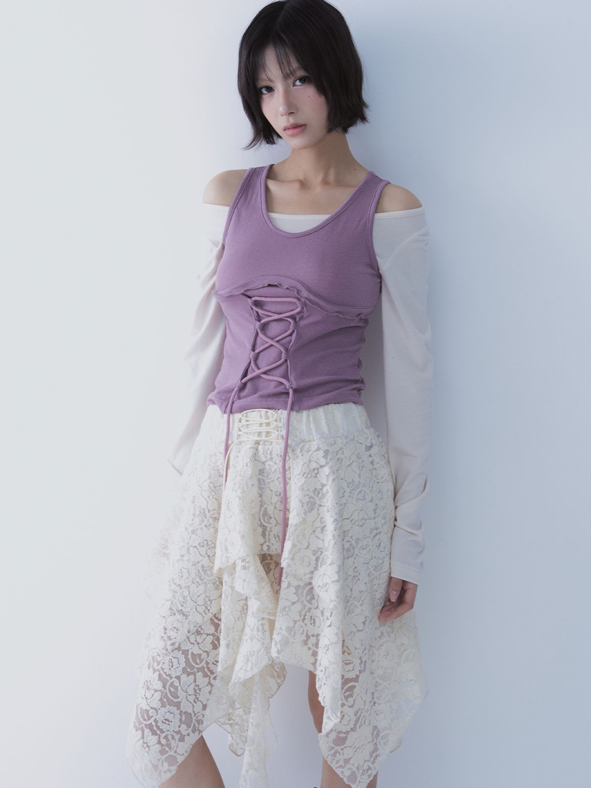 쎄쎄쎄(SETSETSET) LACE UP LACE SKIRT IVORY