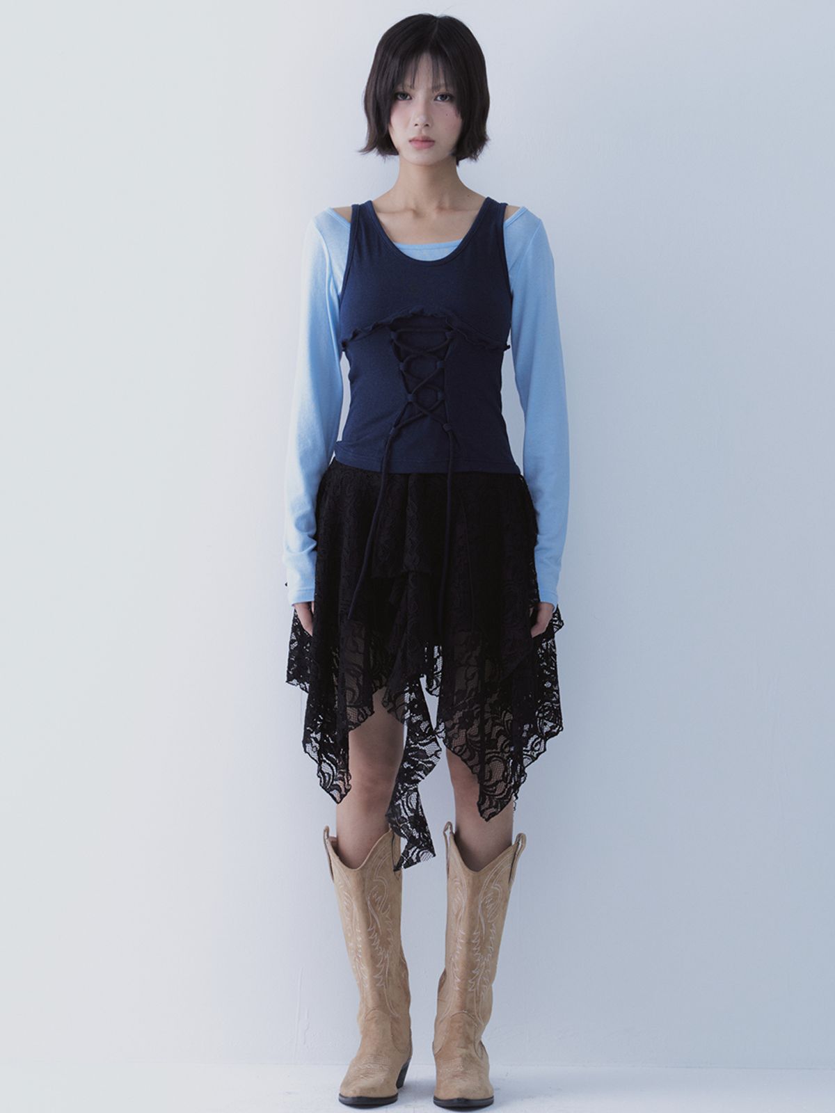 쎄쎄쎄(SETSETSET) LACE UP LACE SKIRT BLACK