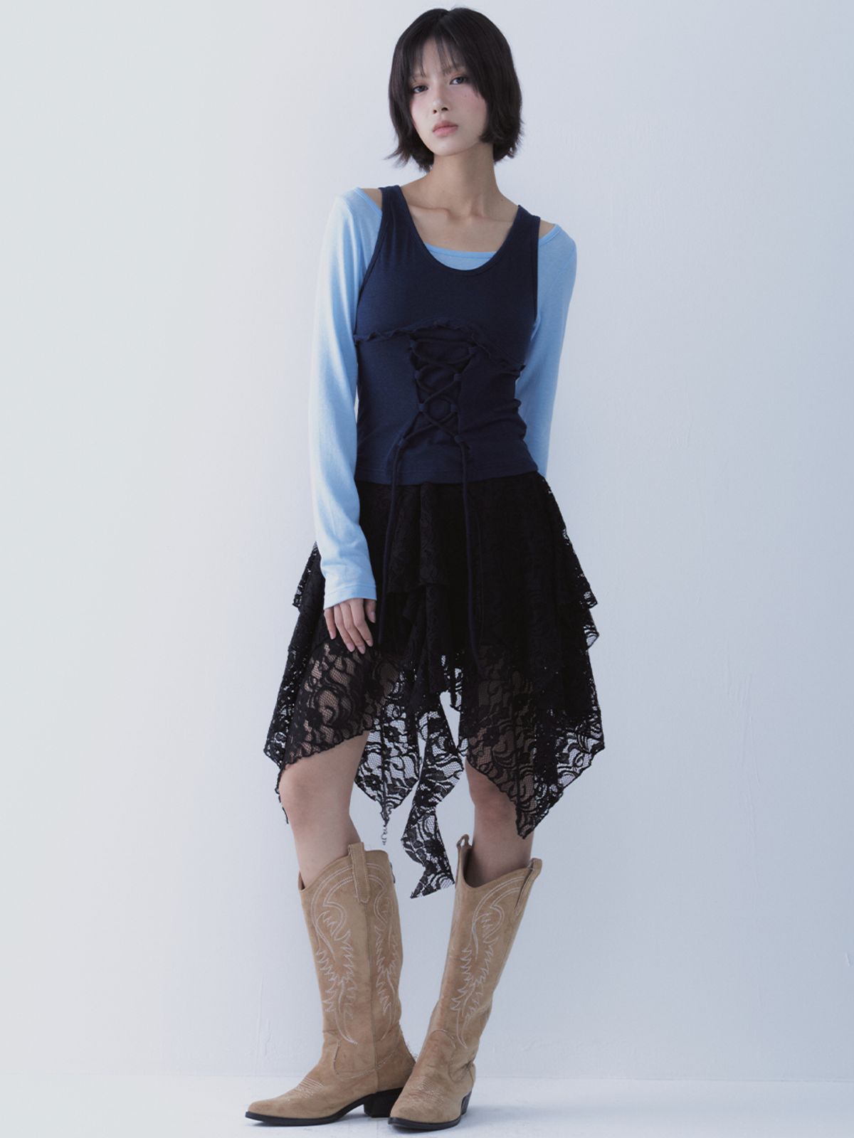 쎄쎄쎄(SETSETSET) LACE UP LACE SKIRT BLACK