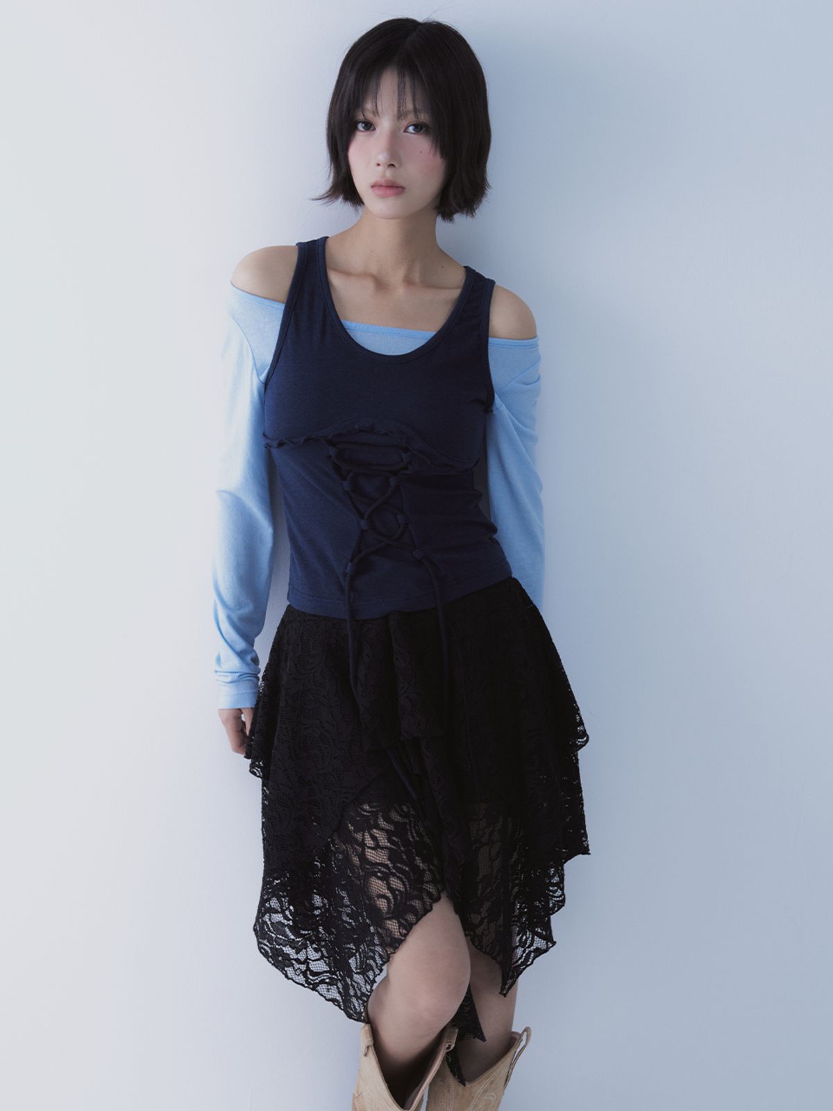 쎄쎄쎄(SETSETSET) LACE UP LACE SKIRT BLACK