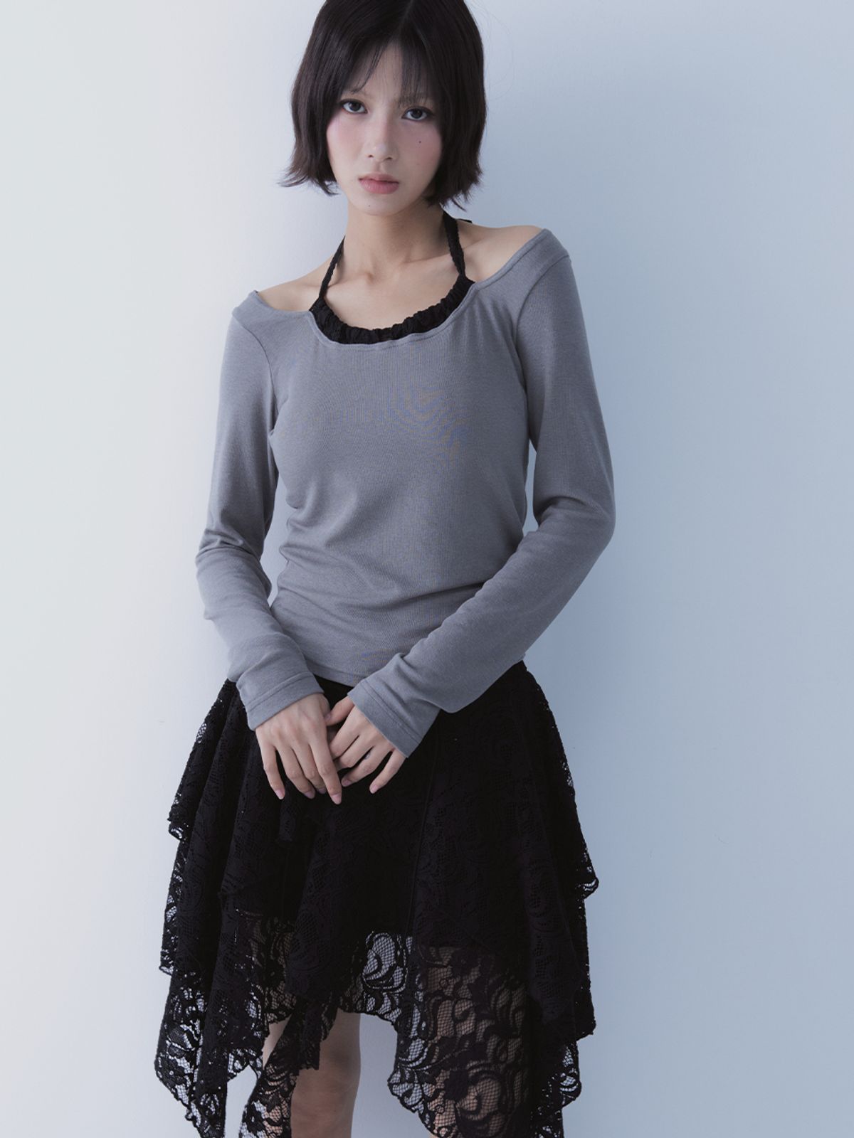 쎄쎄쎄(SETSETSET) LACE UP LACE SKIRT BLACK
