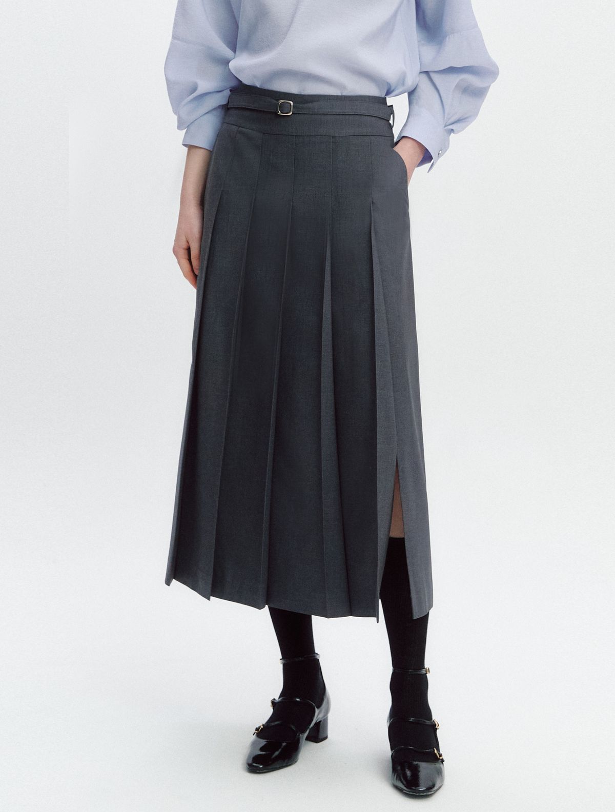 그레이데시온(GRAYDATION) Fabric Belted Pleats Skirt CHARCOAL GREY