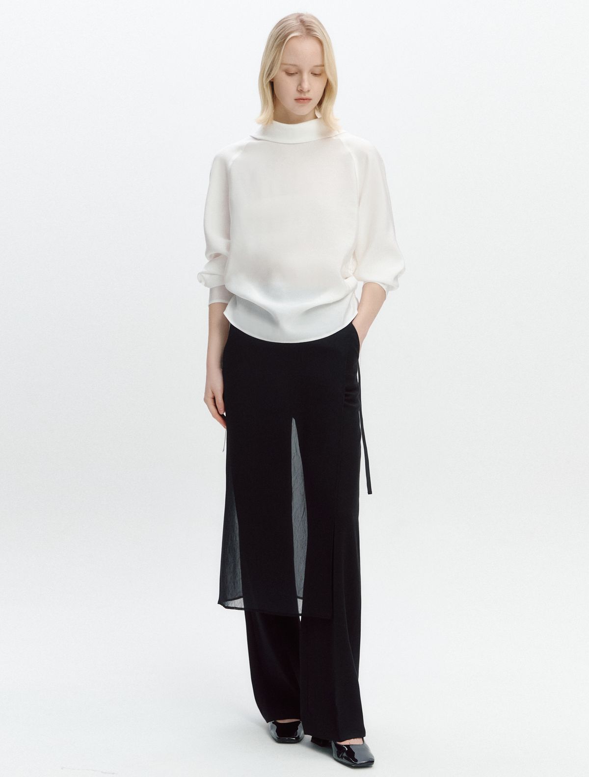 그레이데시온(GRAYDATION) Wrinkle Chiffon See-through Wrap Skirt BLACK