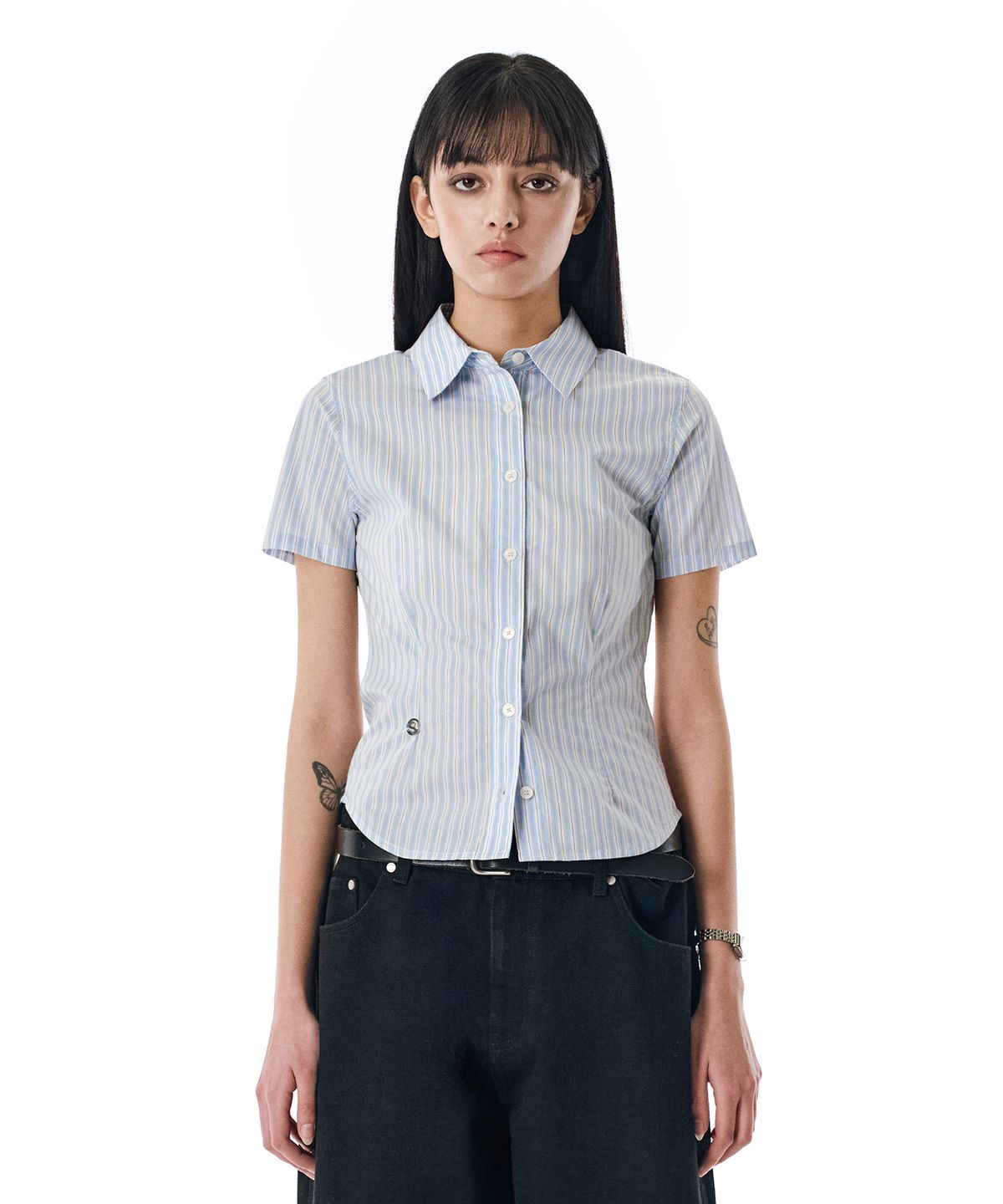 세컨모놀로그(SECONDMONO) W. Stripe Slim Half Shirt [SKYBLUE]_SEWSH001SKYBLUE