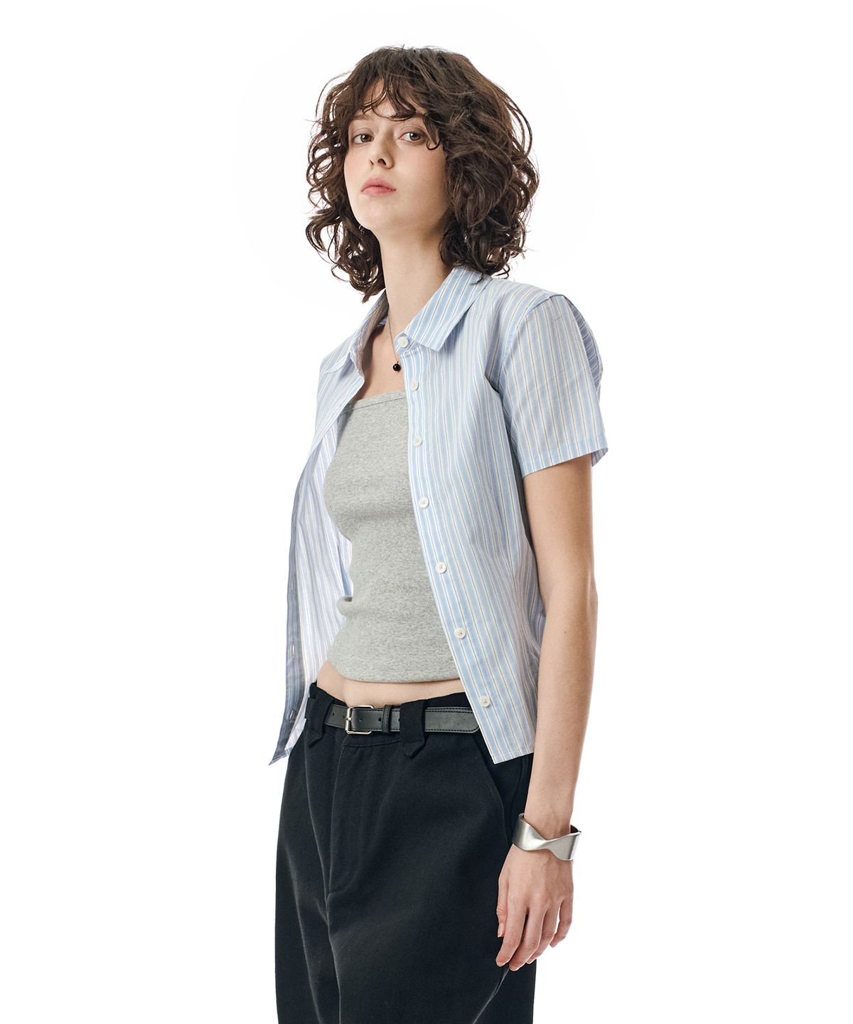 세컨모놀로그(SECONDMONO) W. Stripe Slim Half Shirt [SKYBLUE]_SEWSH001SKYBLUE