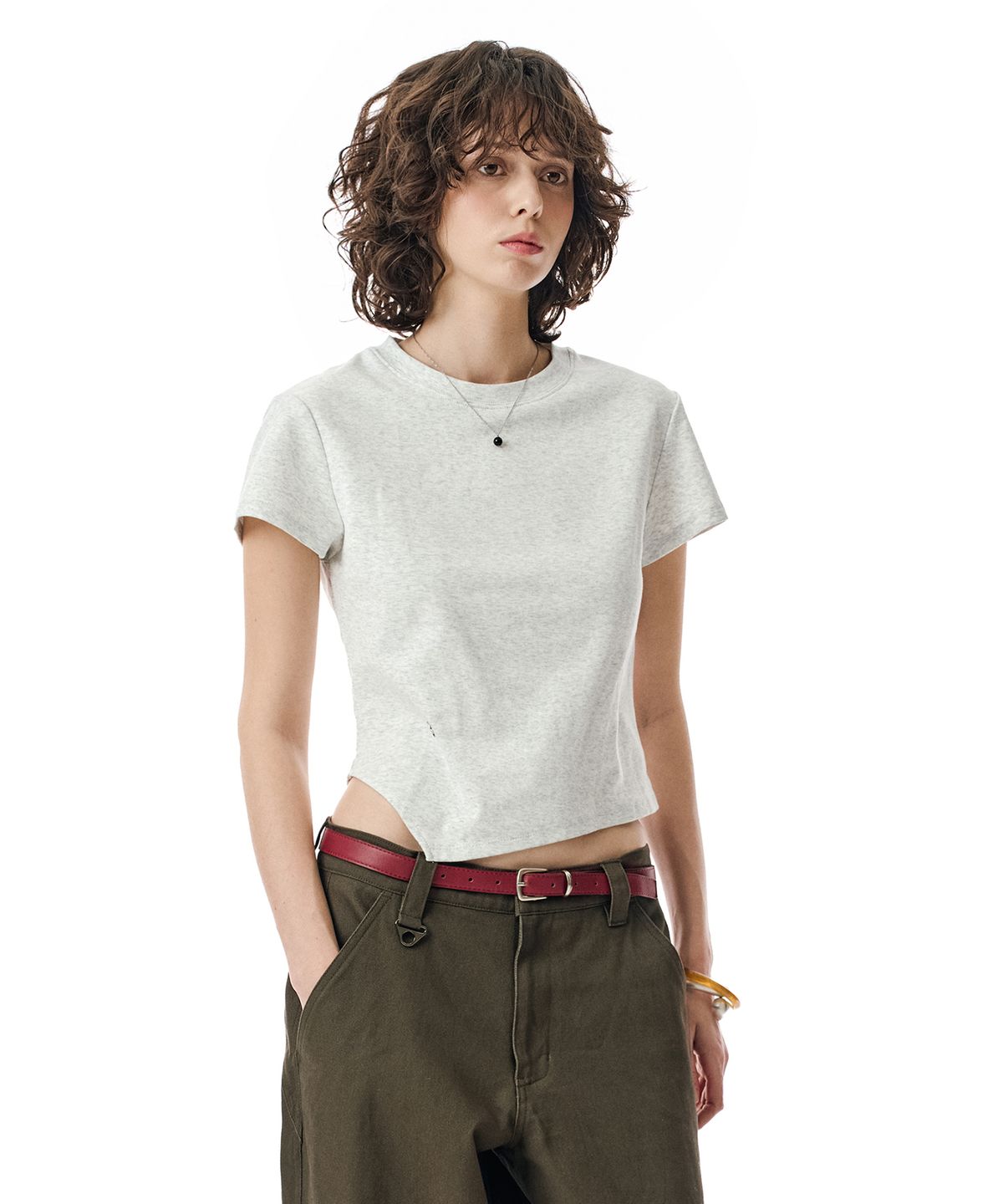 세컨모놀로그(SECONDMONO) W. Oblique Slim Fit Short Sleeve T-Shirt [W.MELANGE]_SEWTS005WHMELANGE