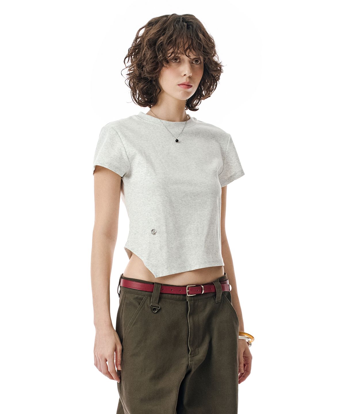 세컨모놀로그(SECONDMONO) W. Oblique Slim Fit Short Sleeve T-Shirt [W.MELANGE]_SEWTS005WHMELANGE