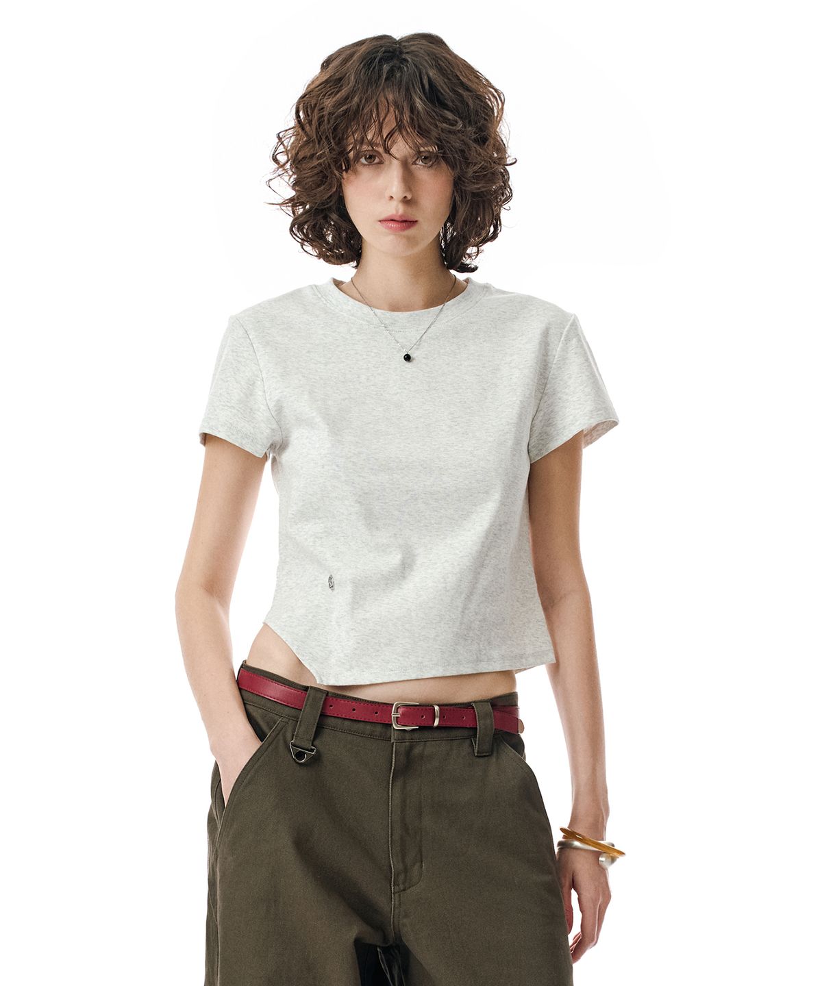 세컨모놀로그(SECONDMONO) W. Oblique Slim Fit Short Sleeve T-Shirt [W.MELANGE]_SEWTS005WHMELANGE