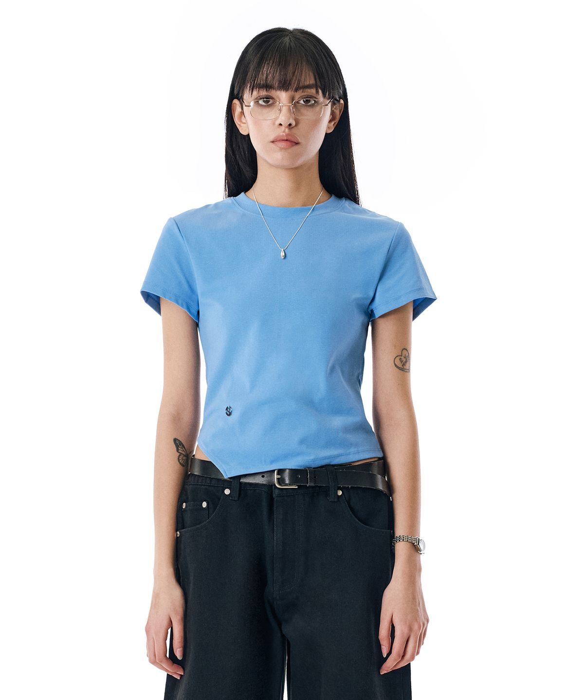 세컨모놀로그(SECONDMONO) W. Oblique Slim Fit Short Sleeve T-Shirt [BLUE]_SEWTS005BLUE