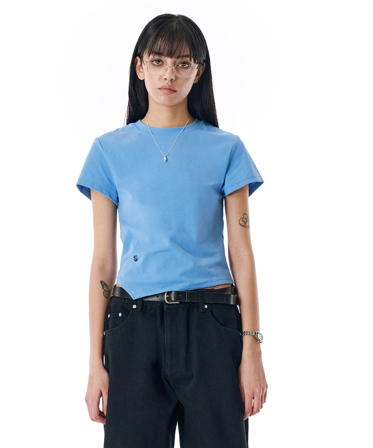 세컨모놀로그(SECONDMONO) W. Oblique Slim Fit Short Sleeve T-Shirt [BLUE]_SEWTS005BLUE