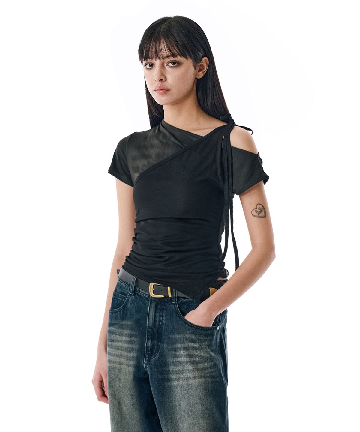 세컨모놀로그(SECONDMONO) W. Layered Off Shoulder Short Sleeve [BLACK]_SEWTS009BLACK