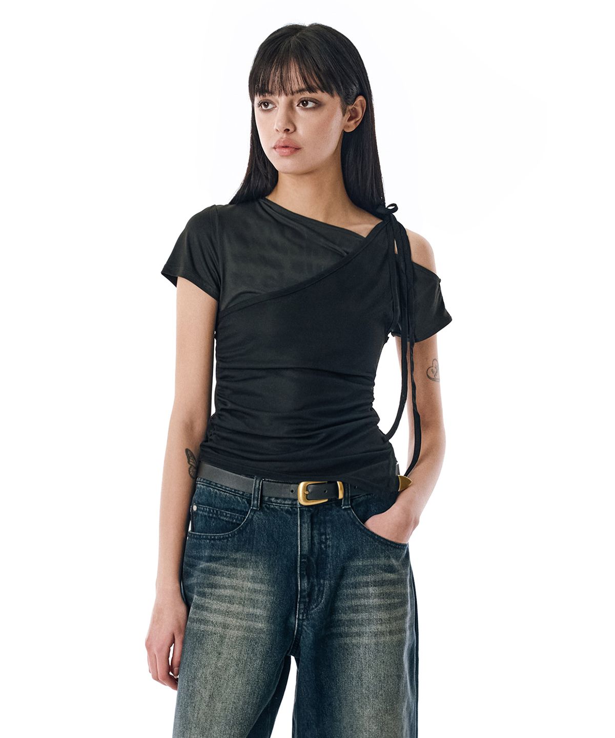 세컨모놀로그(SECONDMONO) W. Layered Off Shoulder Short Sleeve [BLACK]_SEWTS009BLACK