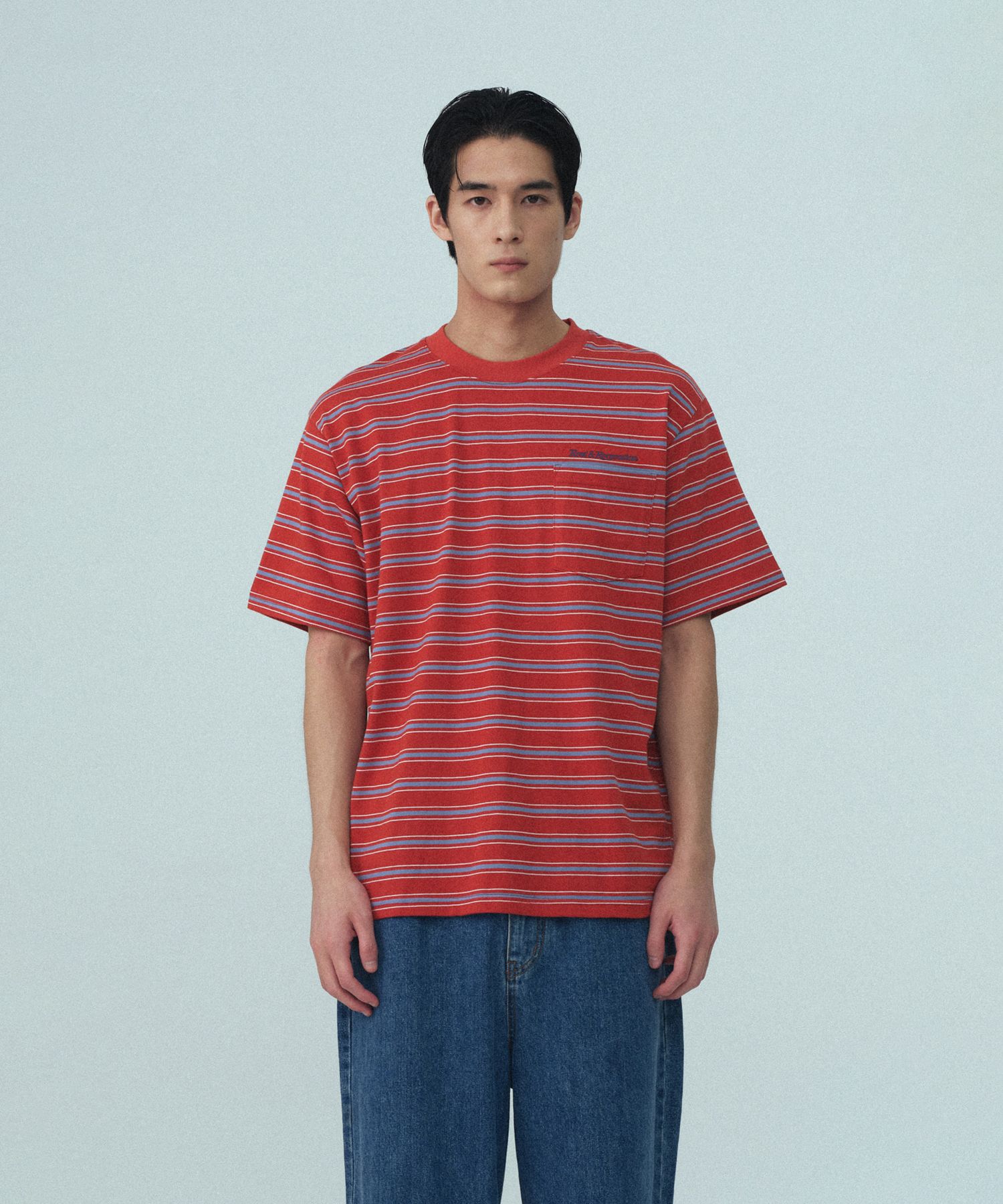 [Rest & Recreation] STRIPE PK T-SHIRT ★大人気★ Rest & Recreation Stripe Lip Neck T-Shirt Sky Blue | ของแท้