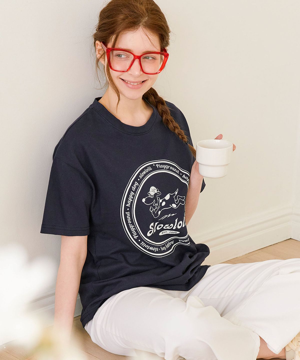 슬로우롤리(SLOWLOLLI) Circle dog-printed t-shirt_2 Colors