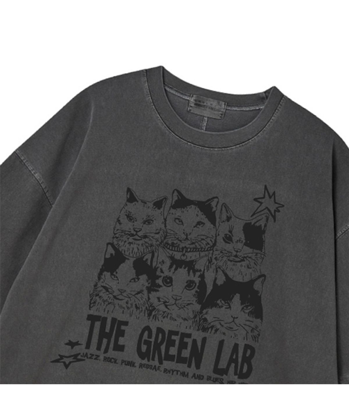 더그린랩(THE GREEN LAB) 피그먼트 뮤직캣 오버핏 반팔 티셔츠 [챠콜 그레이]