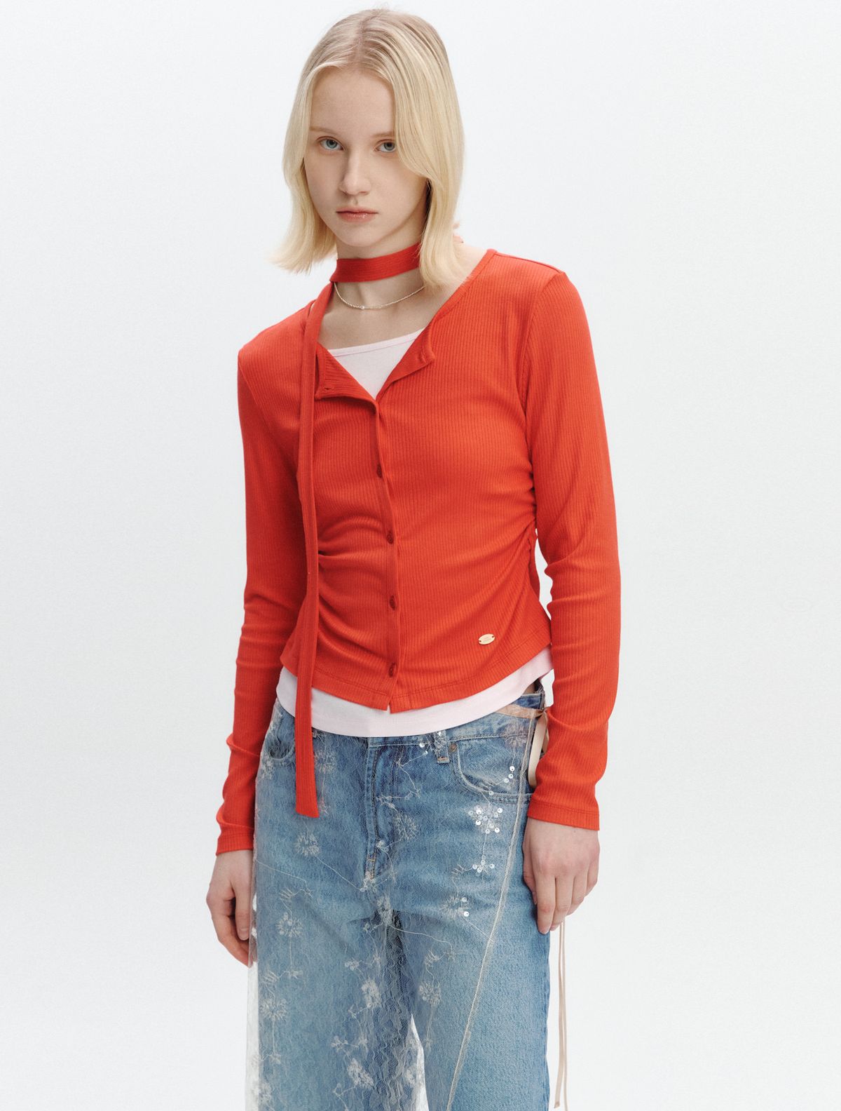 그레이데시온(GRAYDATION) 2 In 1 Cardigan Layered T-shirt RED