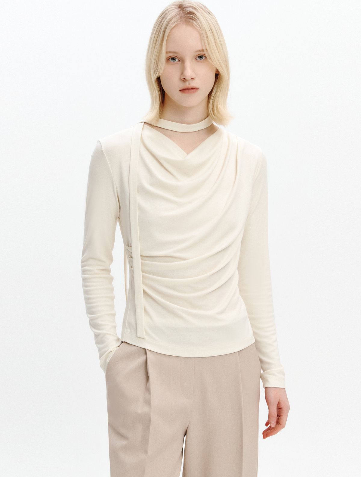 그레이데시온(GRAYDATION) Cowl-neck Draped T-blouse BUTTER