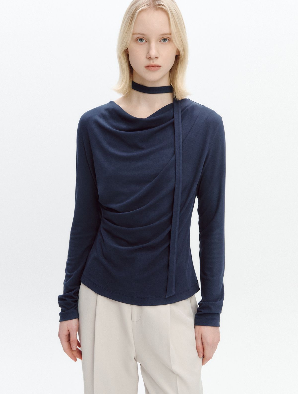 그레이데시온(GRAYDATION) Cowl-neck Draped T-blouse NAVY