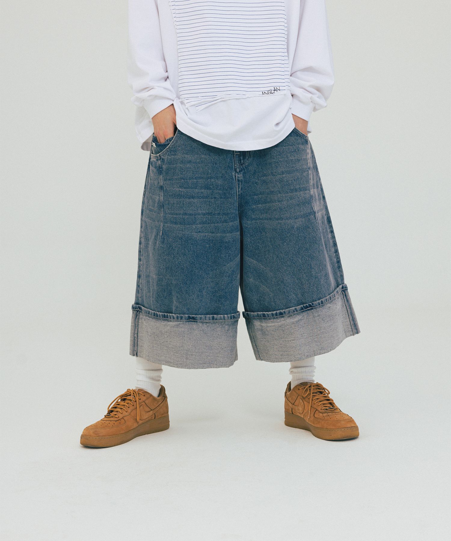 パンツ ANGLAN Turn-up Selvedge Denim Half Pants MUSINSA公式 | ANGLAN Turn-up Washed Denim Half Pants