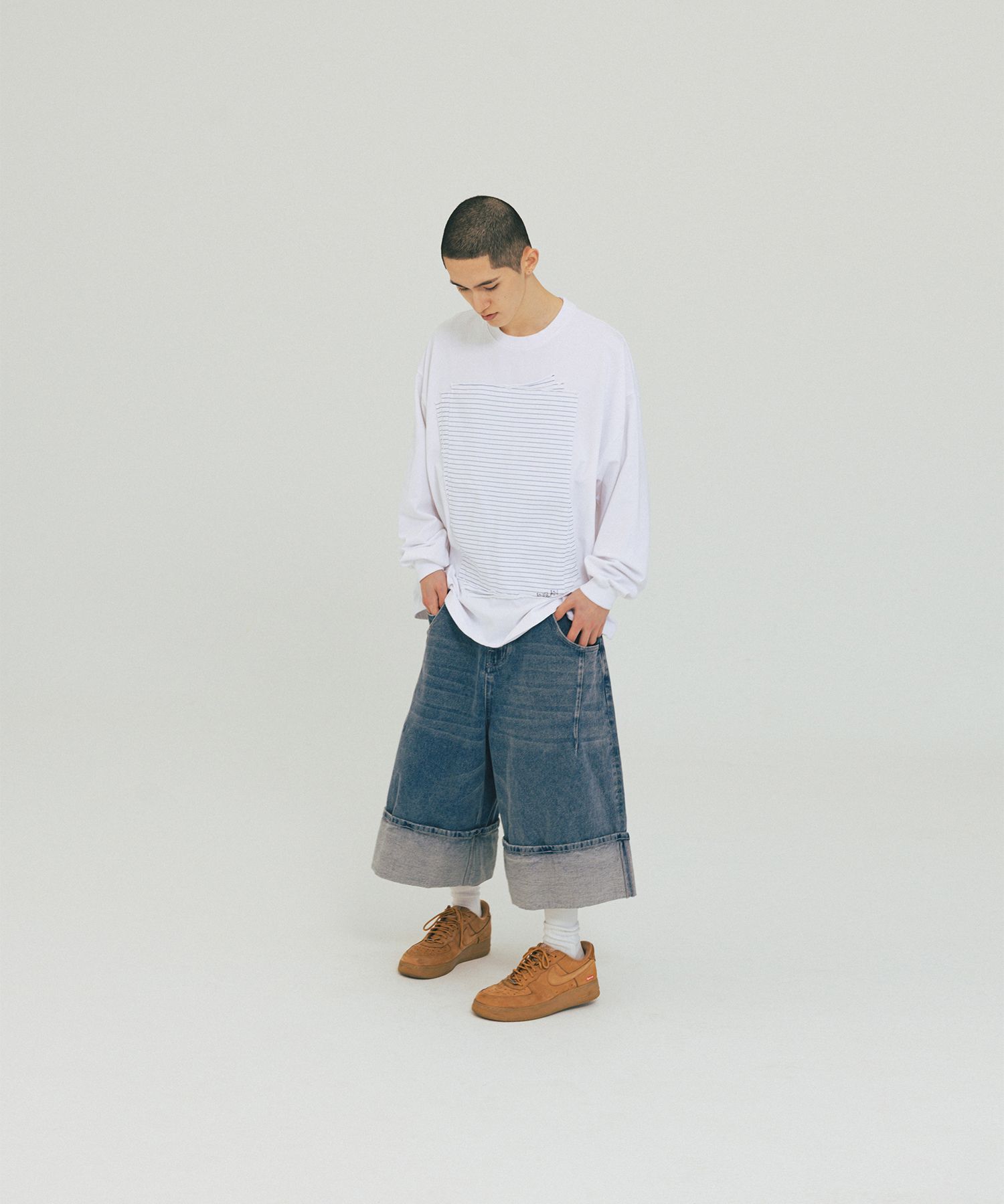 【ANGLAN】Vintage Washed Denim Half Pants Vintage Washed Denim Half Pants - Blue Denim - ANGLAN