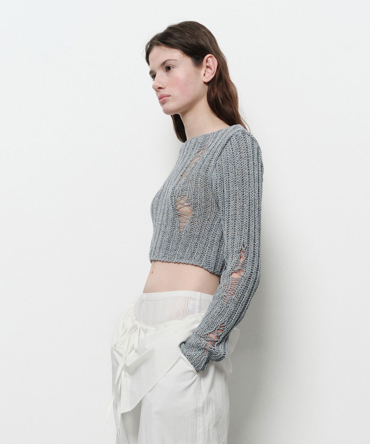 다이애그널(DIAGONAL) DAMAGE CROP CARDIGAN (blue)
