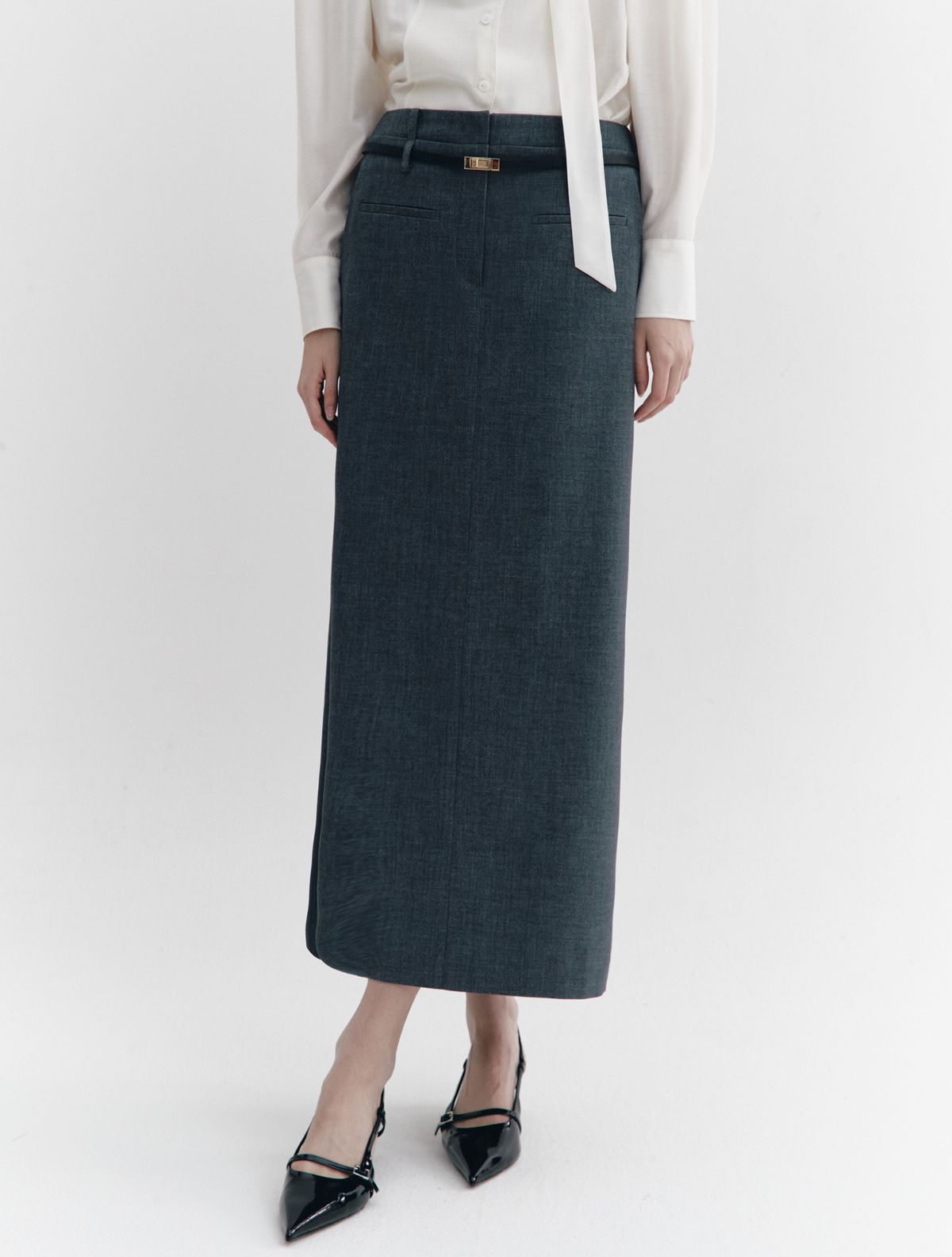 그레이데시온(GRAYDATION) Double Waistband Maxi Skirt CHARCOAL GREY