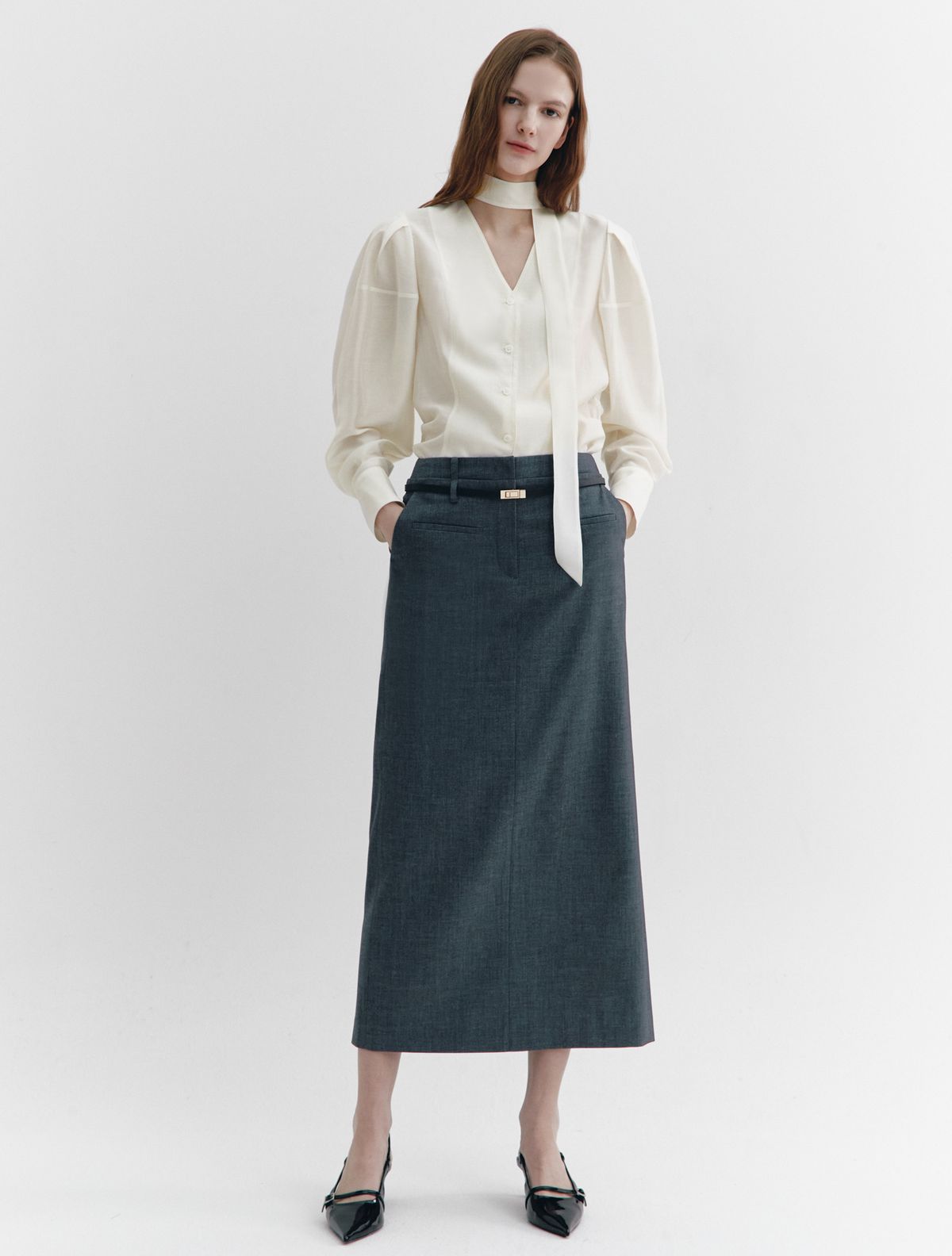 그레이데시온(GRAYDATION) Double Waistband Maxi Skirt CHARCOAL GREY
