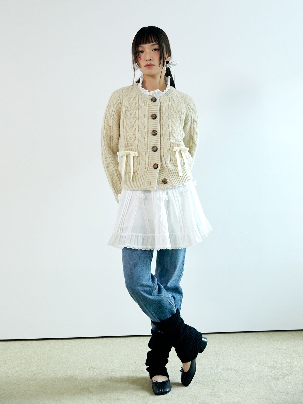 네프네프(NEFNEF) ribbon wool cable cardigan_ivory