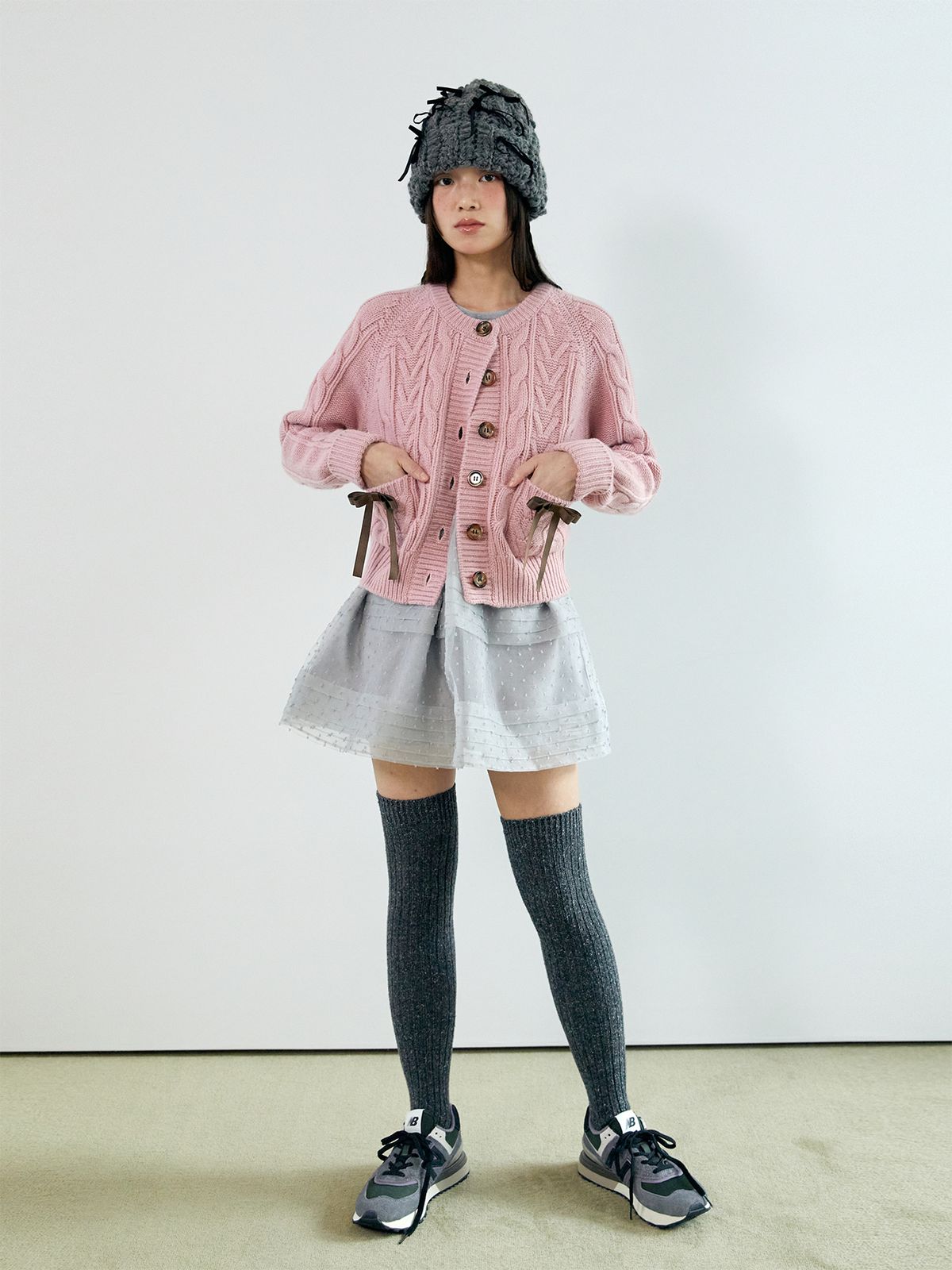 네프네프(NEFNEF) ribbon wool cable cardigan_pink