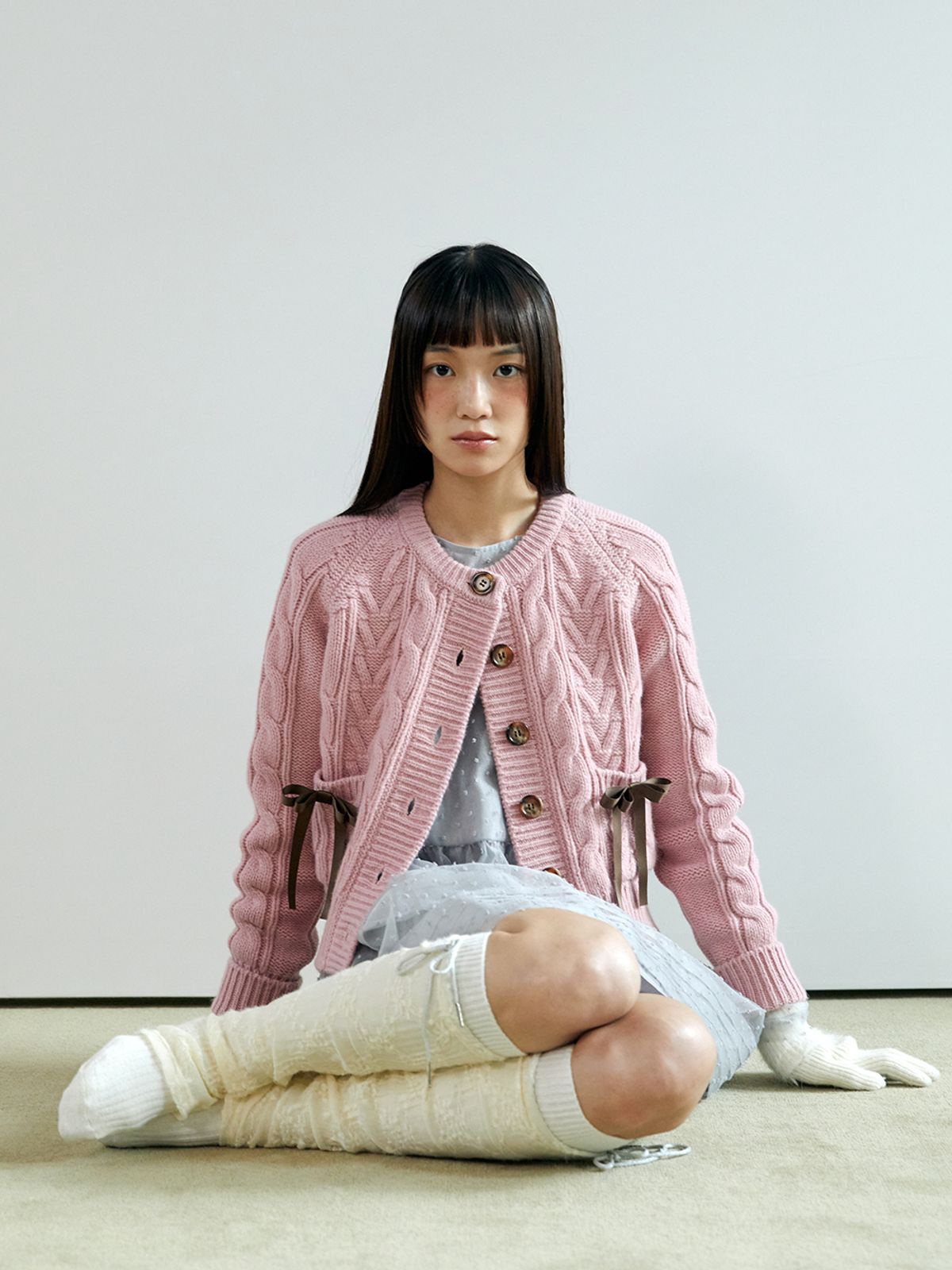 네프네프(NEFNEF) ribbon wool cable cardigan_pink