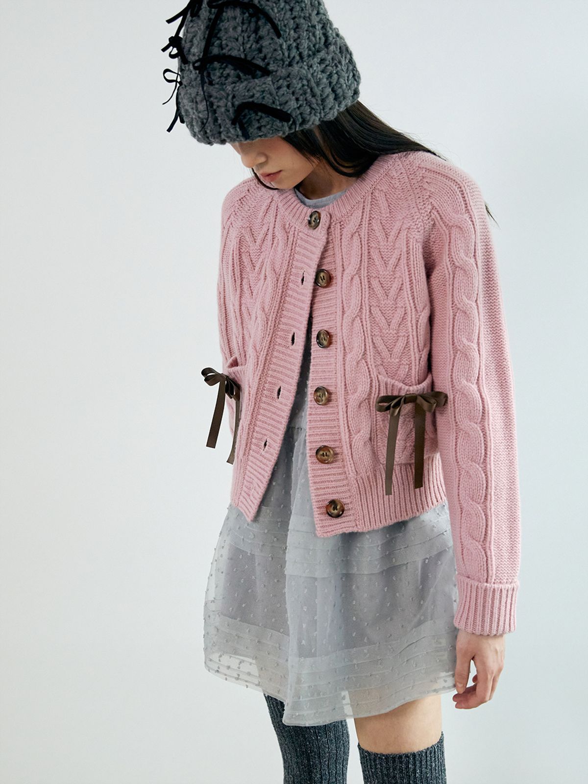 네프네프(NEFNEF) ribbon wool cable cardigan_pink