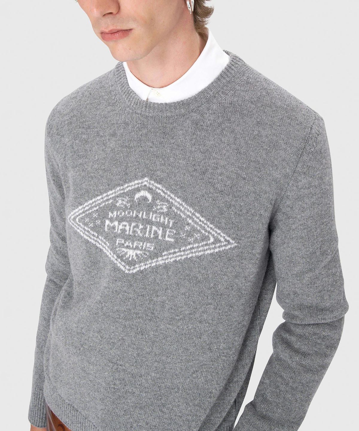마린 세르(MARINE SERRE) (M) 클린 울 니트 크루넥 스웨터 다크 그레이 CLEAN WOOL KNIT CREWNECK SWEATER GR90 DARK GREY