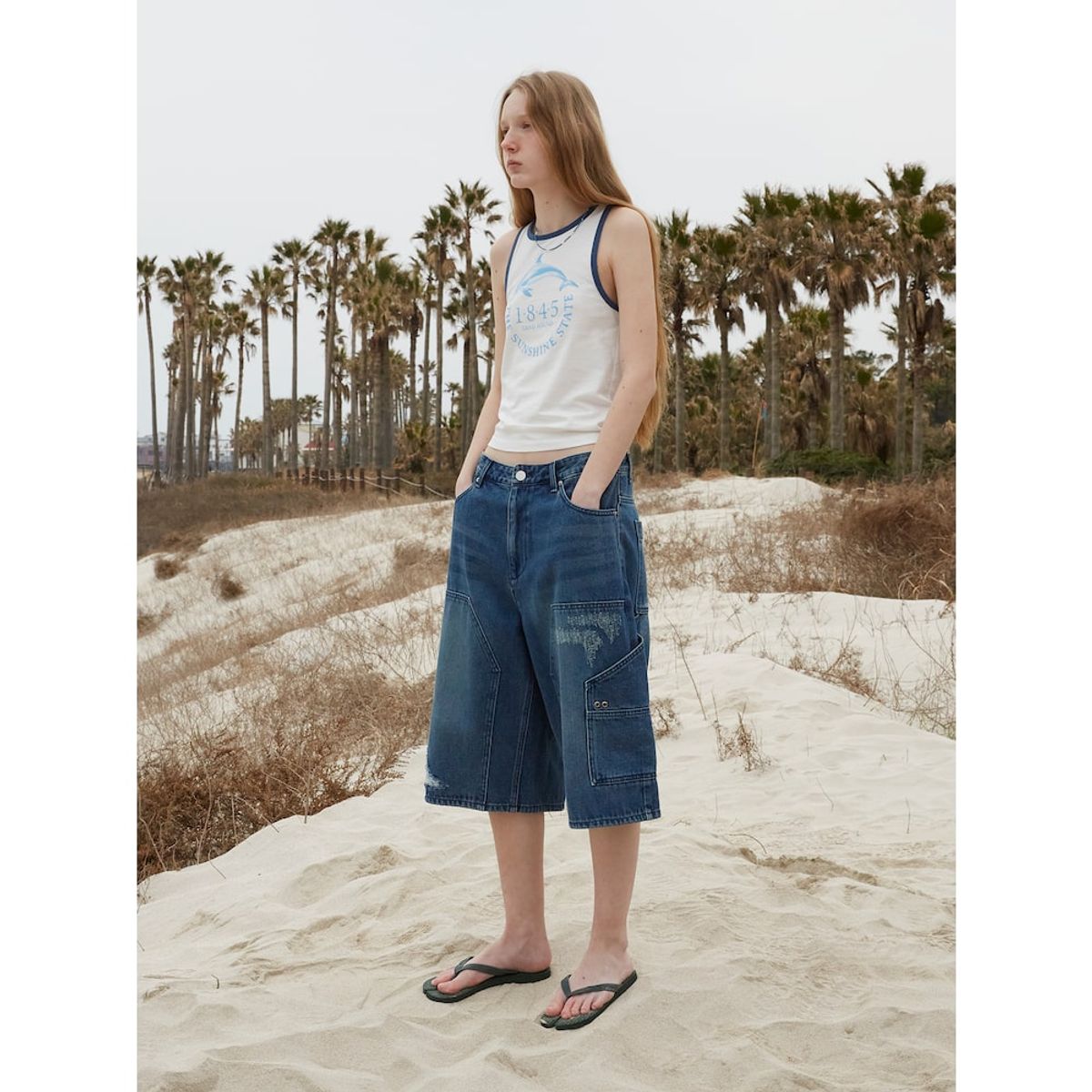 샌드 사운드(SAND SOUND) (UNISEX) 디스트로이드 카펜터 데님 버뮤다 숏츠  블루