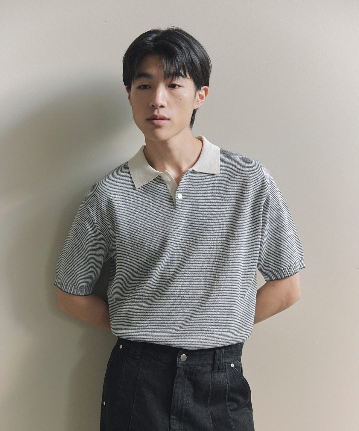넌블랭크(NONBLANK) 스트라이프 칼라 HS 니트_MELANGE GREY