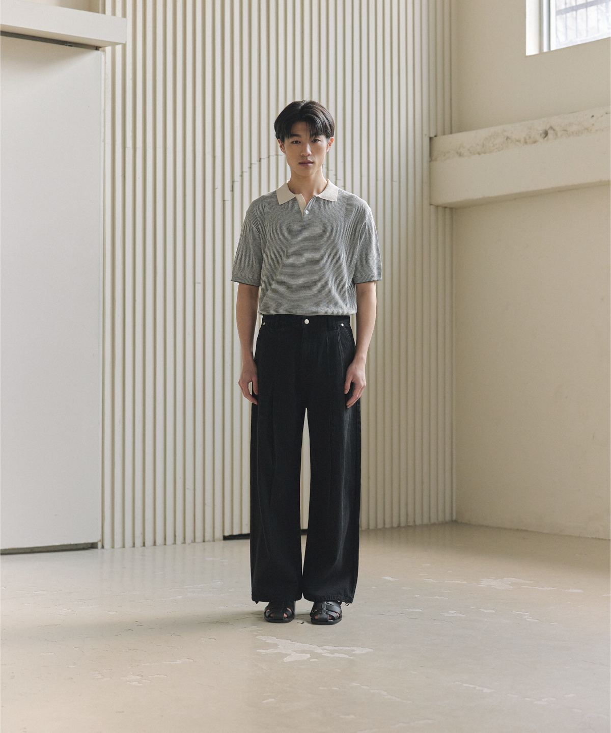 넌블랭크(NONBLANK) 스트라이프 칼라 HS 니트_MELANGE GREY