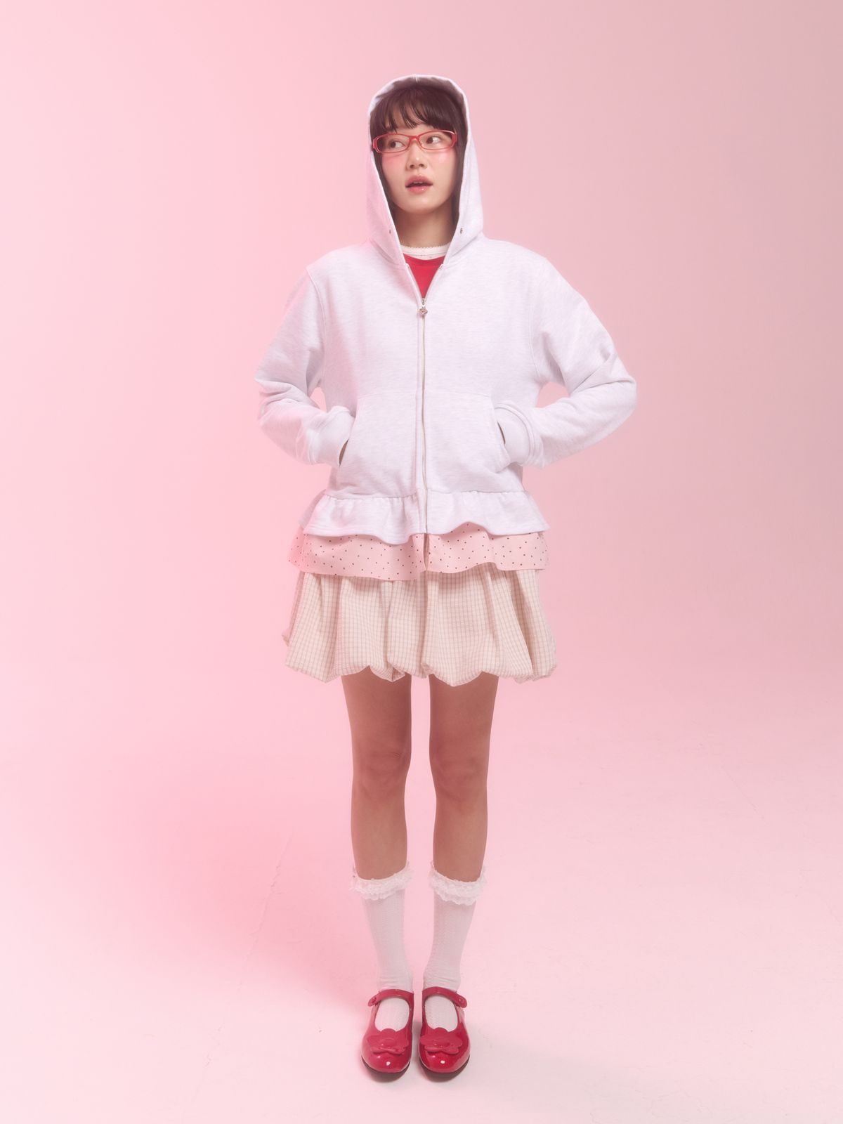 네프네프(NEFNEF) layerd ruffle hoodie_white melange